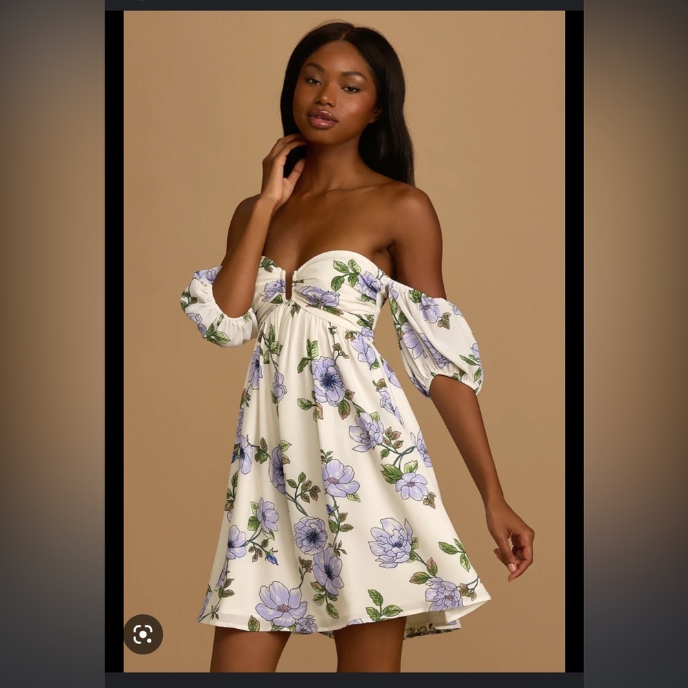 My Dream Date Ivory Floral Print off-the-shoulder Mini Dress🌸✨
